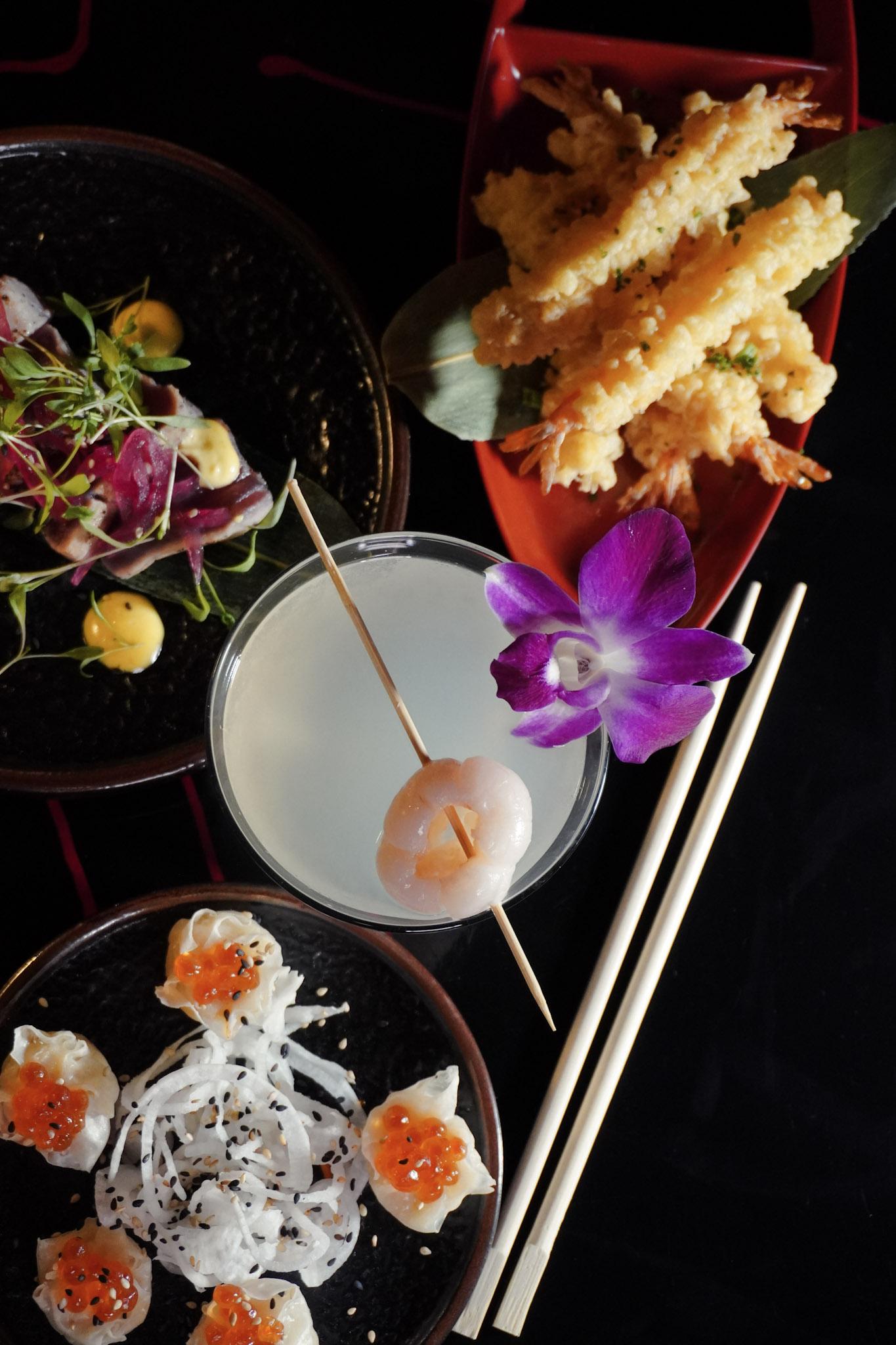 Japanese dishes spread with cocktail.