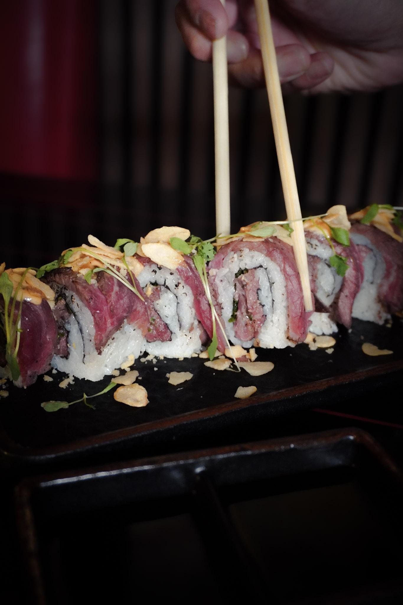South Beach Roll with salmon, shrimp, avocado, crispy crab, and caviar